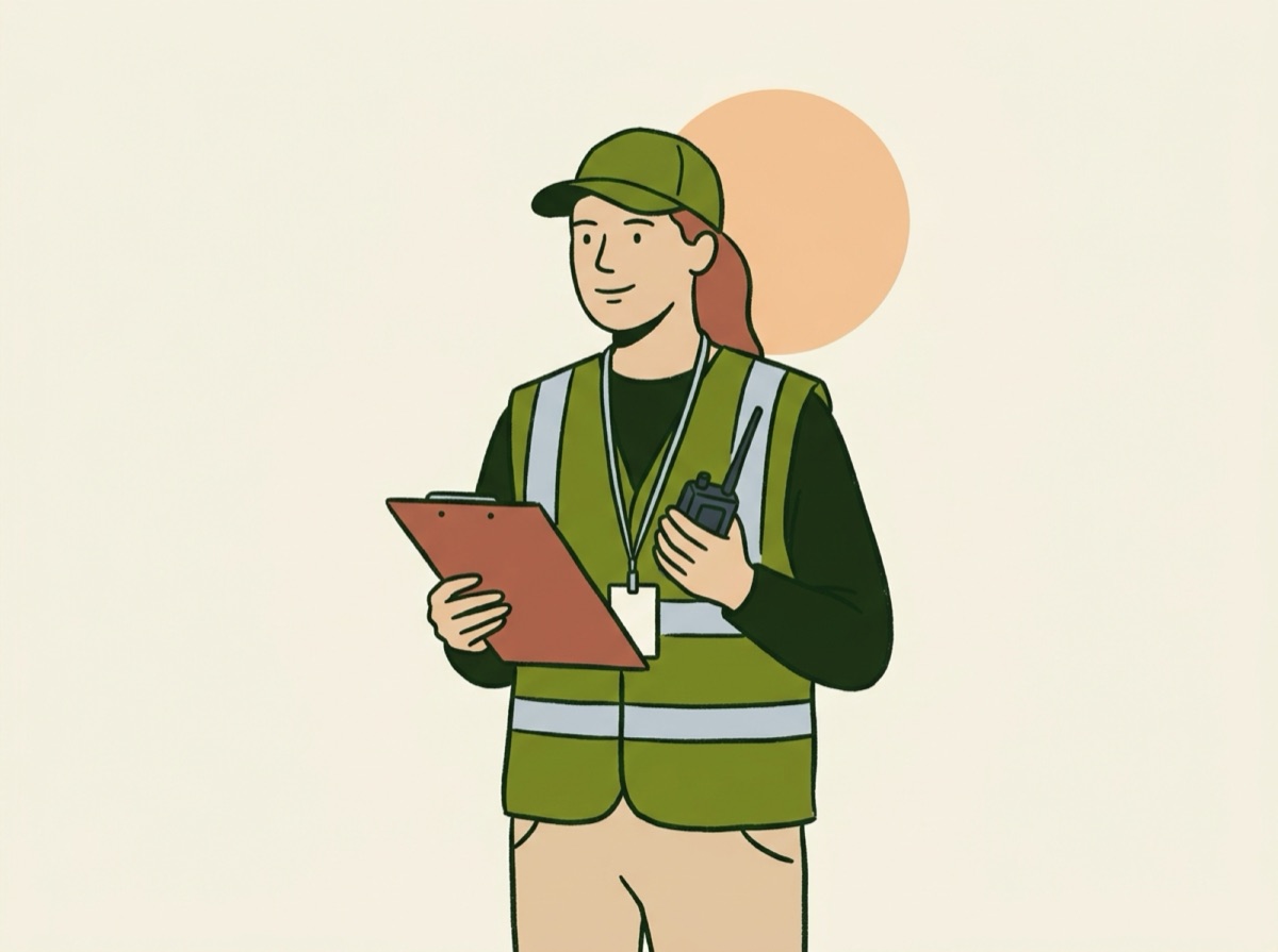 Illustration: a volunteer in a hi-vis vest holding a clipboard and a radio