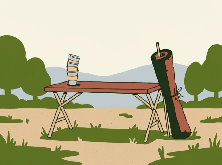 Illustration: an empty folding table with a stack of paper cups and a rolled-up banner
