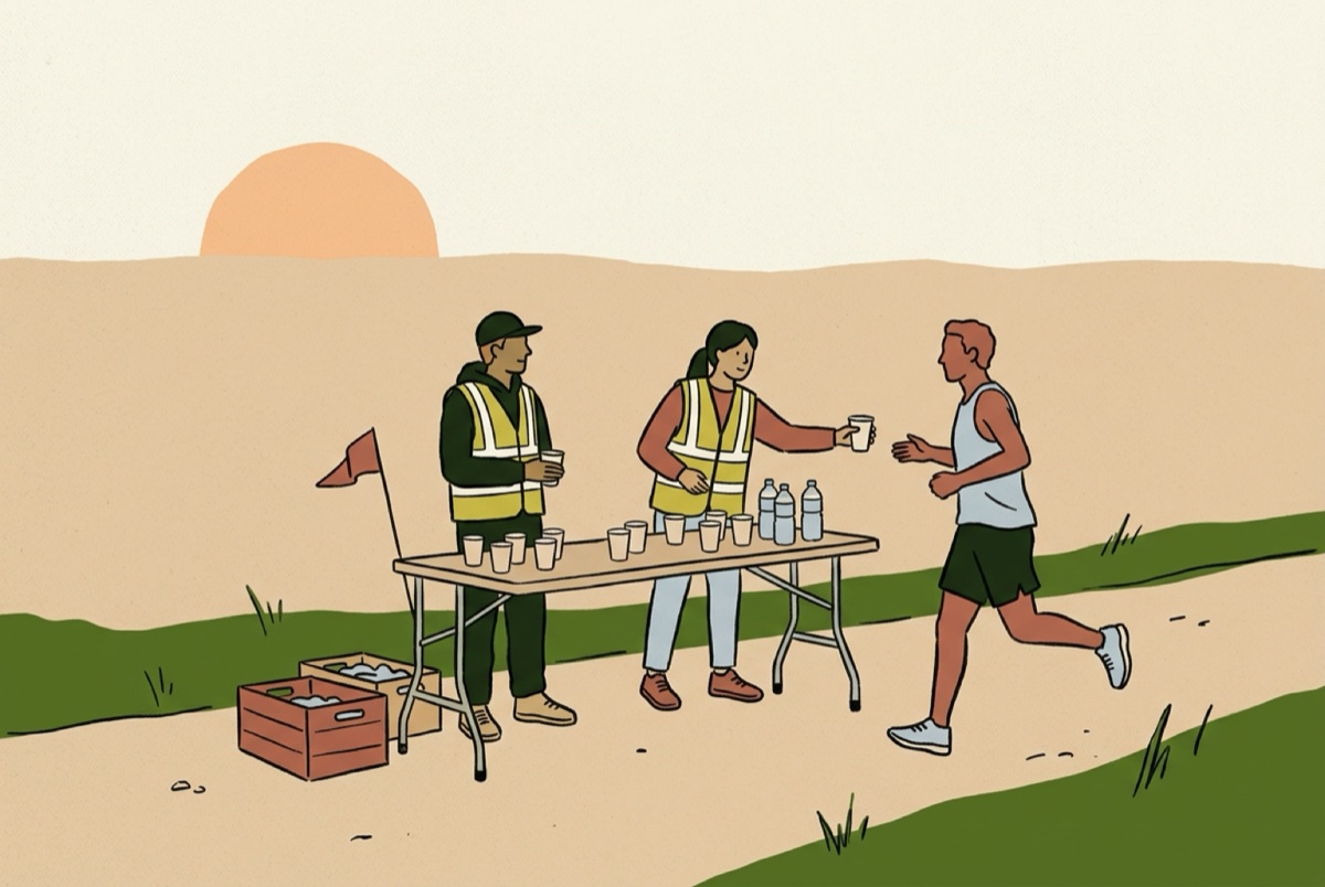 Illustration: two volunteers in hi-vis vests handing a cup to a runner at an aid station