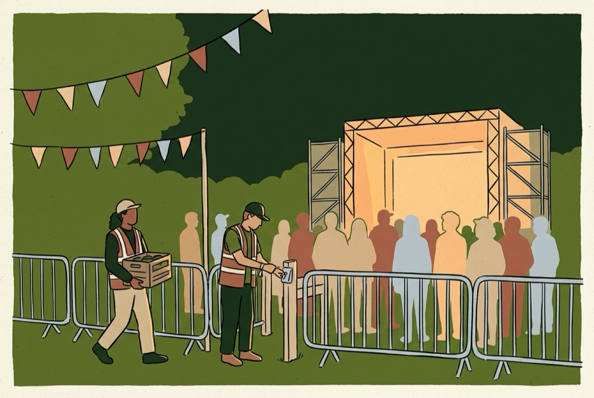 Illustration: festival crew checking wristbands at a barrier in front of a lit stage