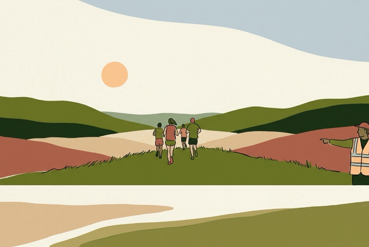Illustration: runners cresting a grassy ridge with a marshal pointing the way